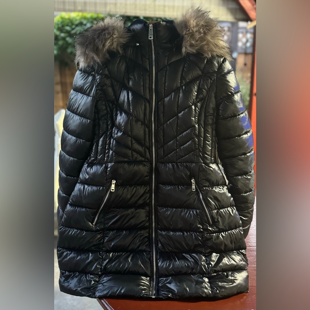 LA Coalition black puff jacket womens L long hood FAUX Fur Collar Winter Coat - Picture 1 of 10